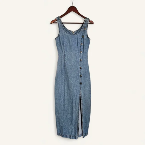 Vintage | Dresses | Vintage 8s Switch Usa Button Detail Side Slit Scoop  Neck Denim Midi Dress 5m | Poshmark